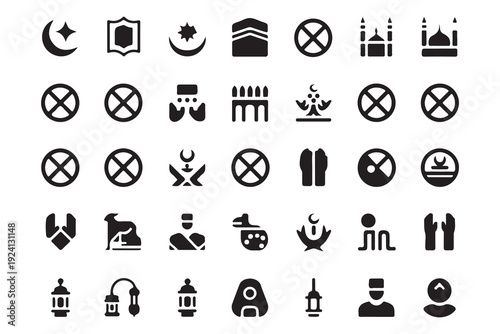 Islamic symbols set mosque crescent star qibla prayer fasting holy book lamb camel