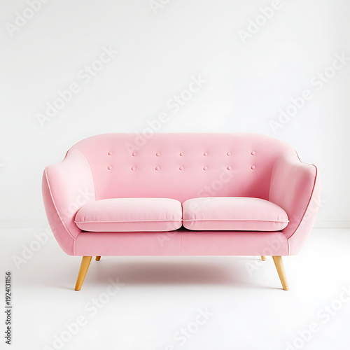 Charming light pink loveseat with curved silhouette and wooden legs, subtle button tufting on back, photographed on a clean white studio background.