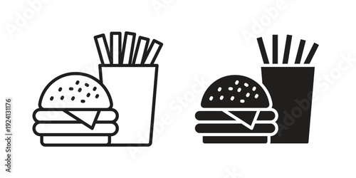 Burger Fries icon vector pack. Thin linear and black flat style.