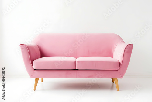 Charming soft pink loveseat with subtle curves and elegant button tufting, featuring tapered wooden legs on a bright white studio surface.