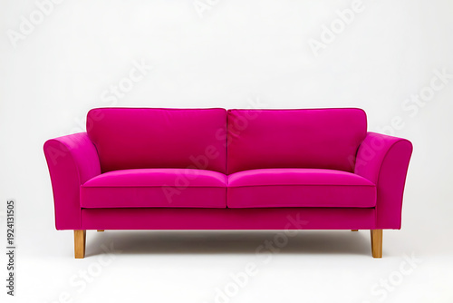 Deep pink two-seater sofa with a gracefully curved back and arms, resting on simple wooden legs, isolated in a clean, bright studio environment.