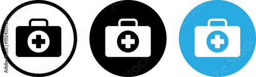 First aid kits in different colors and styles for medical emergencies