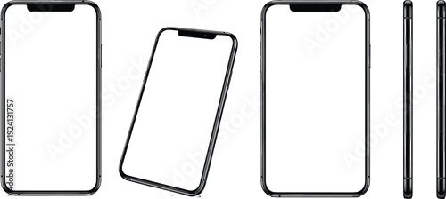 Smartphone Mockup Illustration Set with Front Side and Angle Views for Mobile App Presentation and Responsive UI Design Showcase