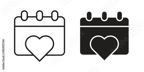 Calendar heart icon vector pack. Thin linear and black flat style.