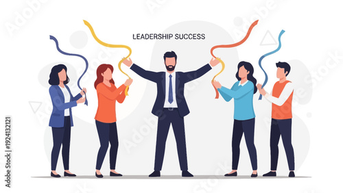 Business Leader Success with Team Holding Ribbons