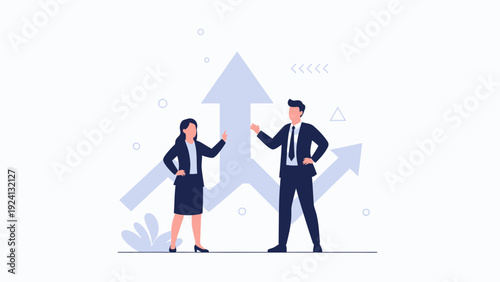 Business growth strategy meeting with upward arrow graph and diverse professionals