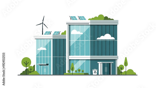 Sustainable modern green building with solar panels and wind turbine