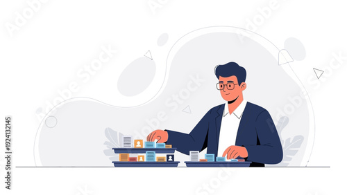Business Man Arranging Employee Profiles for Recruitment or HR Management