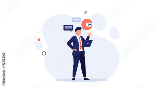 Business man with laptop communicating online, digital marketing concept