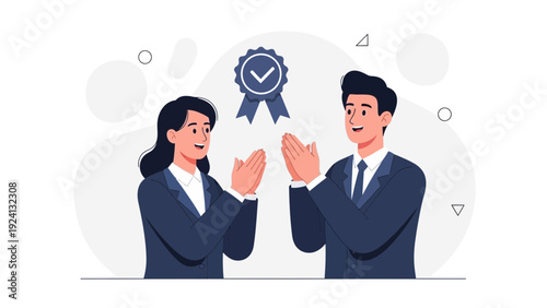 Business People Applauding Success with Award Badge and Checkmark