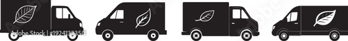 Silhouette of a delivery van with a leaf symbol on its side.  Black delivery truck icon set vector silhouette
