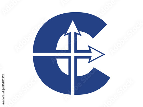 Abstract blue graphic symbol with arrows and crosshairs inside a C-shape, representing direction, guidance, and connection.