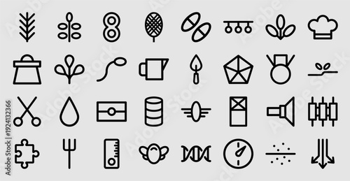 Biotechnology and laboratory research monoline icons featuring DNA sequencing, agricultural science, and molecular engineering pictograms.