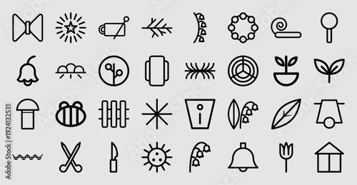 Botanical minimalism and garden growth monoline pictograms. Professional outline symbols for organic skincare branding and horticulture landscaping concepts.