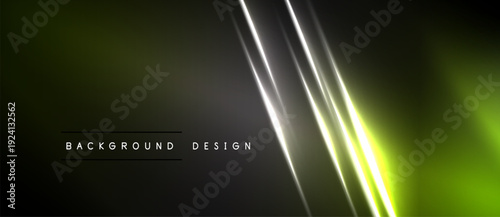 Dark abstract background. Bright neon lines create dynamic visual effect. Gradient shades transition from black to green. Modern design element.