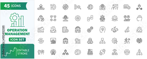 Operation Management web Line Icons Set .Collection of strategy,operations, planning, organization, control, analysis, finance, growth. Editable Stroke. Vector Illustration.