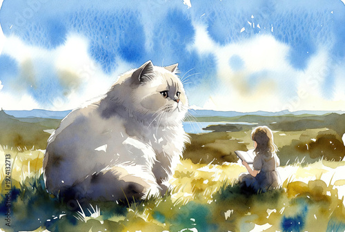 Girl and her cat are sitting in a field of flowers