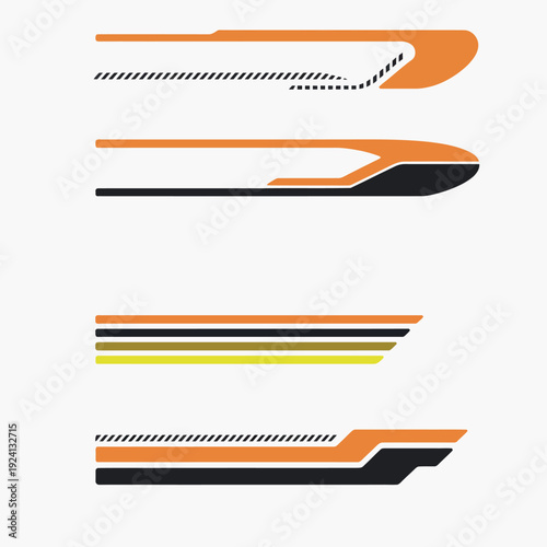 collection of racing style vehicle wrap striped decal, bold abstract racing line vector set for vehicle wrap templates motorsport branding marketing visuals and print design use.