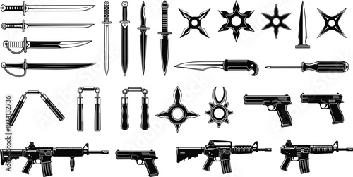 Collection of martial arts weapons and firearms silhouettes including swords daggers pistols rifles and throwing stars isolated vector illustration set