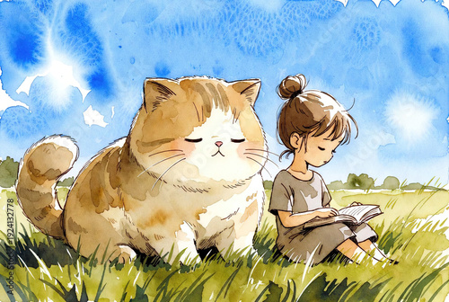 Girl and her cat are sitting in a field of flowers