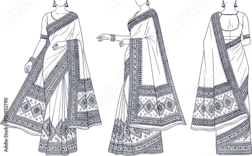Elegant Indian saree design with intricate traditional border patterns shown in front side and back view line art illustration