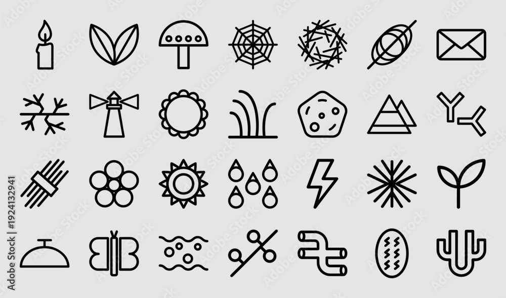 Fototapeta premium Abstract nature and organic lifestyle monoline icons for eco-branding and sustainability infographics. Minimalist black line pictograms featuring botanical and weather elements.