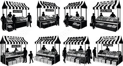 Set of organic market and local food stall silhouettes with vendors customers and fresh produce isolated vector illustration collection