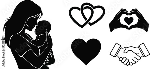 Silhouette of a mother holding a baby with heart symbols