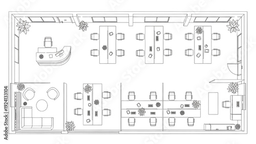 Modern office floor plan with reception, workstations, and meeting areas
