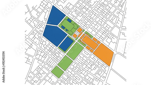 Urban planning map showing city blocks in different colors representing zones