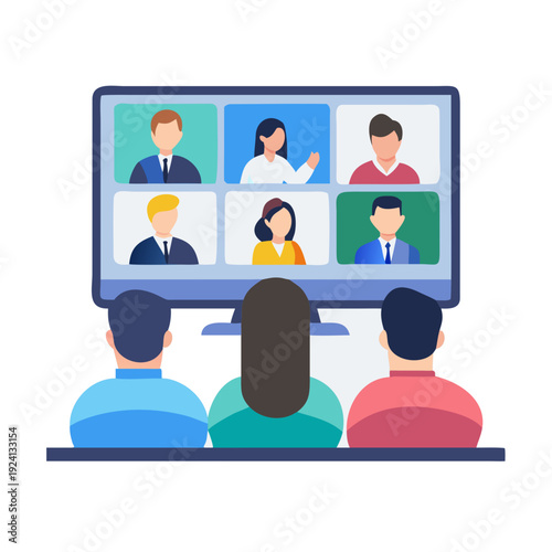 Diverse company employees having online business conference video call on tv screen monitor in board meeting room. Videoconference presentation, global virtual group corporate training, Generative ...