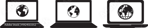 Silhouette of a laptop with a subtle globe icon rising from the screen. Laptop computer icon set with globe symbols vector silhouette
