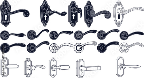 Collection of vintage and modern door handle silhouettes with ornate plates and lever designs isolated vector illustration set