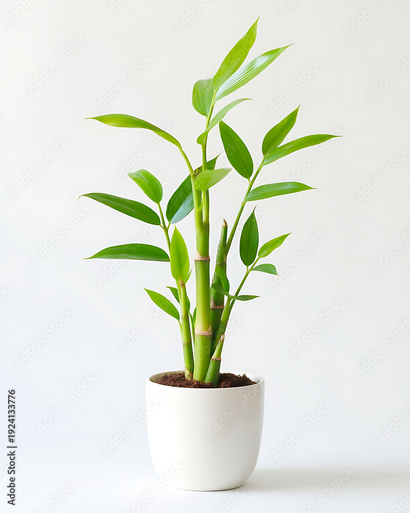 Fototapeta premium Potted lucky bamboo with vibrant green stalks and pointed leaves in a white planter, symbolizing prosperity and positive energy for home decor.