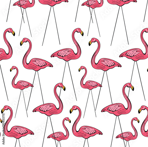 Cute vector repeat pattern with lawn ornament plastic flamingos with clear seamless background, print design for fabric, textiles and cards