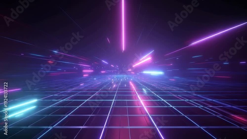 Futuristic neon grid floor with glowing purple and blue light trails in cyber technology background