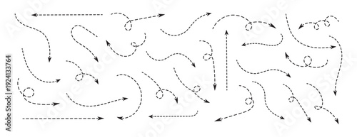Dashed line arrow set, curvy , twirl and straight.