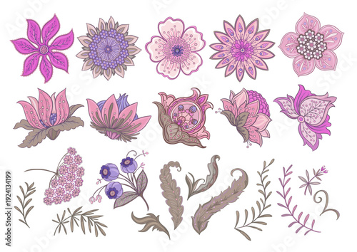 Set of vintage floral elements. Ornate hand-drawn botanical motifs for classic design. Flowers, foliage, stems create refined backgrounds for textile, wallpaper, and heritage projects.