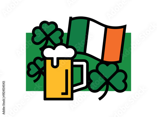 Irish flag and shamrocks stand alongside a frothy beer mug, symbolizing St. Patrick's Day celebrations and Irish culture.