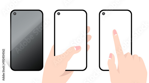 Hand holding smartphone and tapping screen set – mobile touch gesture vector illustration
