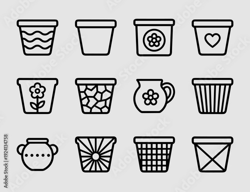 Gardening and home decor terracotta pottery elements for landscape design. Thick monoline linear icons featuring diverse planters and ceramic vessels.