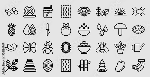 Nature and organic farming monoline pictograms for sustainable agriculture branding. Minimalist line art featuring botanical elements, insects, and garden tools.
