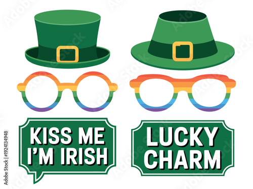St. Patrick's Day celebration props include two green hats, vibrant rainbow glasses, and two Irish-themed speech bubbles.