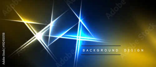 Abstract background features bright lines, gradients. Blue, yellow hues dominate design. Modern aesthetic, dynamic composition.