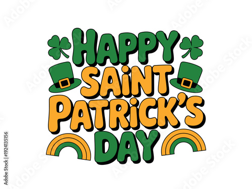 Retro typography proclaims "Happy Saint Patrick's Day" framed by leprechaun hats, shamrocks, and rainbows.