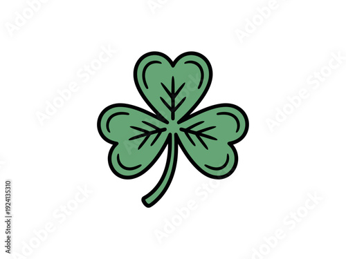 Detailed illustration of a single green shamrock featuring outlined edges and internal vein detail on white.
