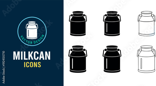 Set of vintage milk can icons in solid black and outline styles representing dairy storage, farming and rural container vector design