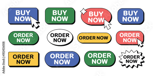 Buy Now and Order Now Buttons Collection with Icons, Modern Call to Action Labels in Flat Colorful Style for Web, Mobile App, UI UX Design, E Commerce Banner Elements Set