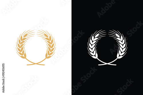 Golden wheat laurel wreath logo icon, Elegant agriculture emblem vector design