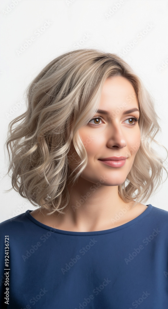 Fototapeta premium Portrait of a smiling woman with a wavy blonde bob haircut. Vertical shot of a caucasian female with a stylish shoulder-length hairstyle looking away. Hair salon and beauty concept